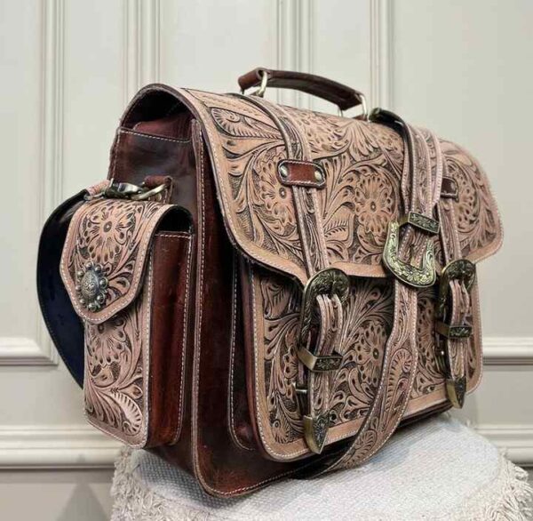 Custom Genuine Leather Hand-Tooled Laptop Messenger Briefcase Bag